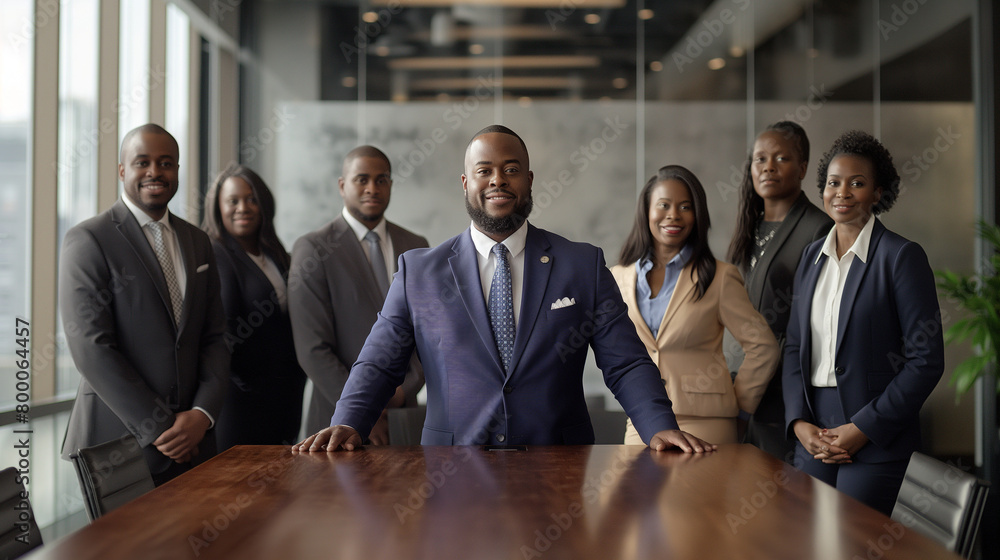 a black executive leading a his team in a sleek, modern boardroom. a black executive leading a his team in a sleek, modern boardroom.