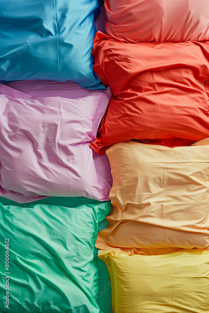 A colorful array of pillows with different shades of pink, green, yellow