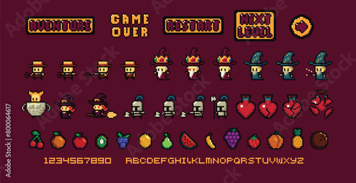 Set of minimalistic pixel art vector objects isolated. Pixel game buttons. Video nostalgic game pixel magic items, digital pixelated lives bar. Retro icons used in games