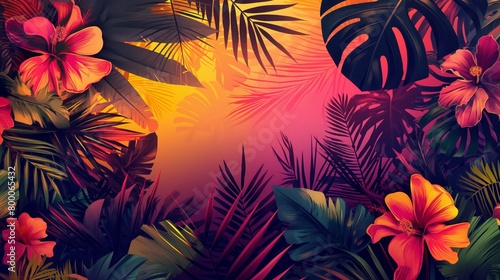 Vibrant background with tropical plants  flowers  and leaves