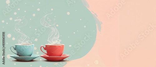 Two steaming cups of hot beverage with floating petals on a pastel background