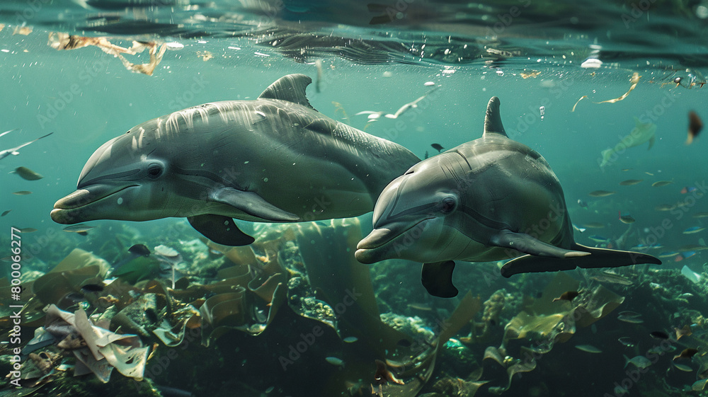 Fototapeta premium beautiful beach and blue sea polluted by waste plastic, dolphins and turtles in a polluted ocean conditions