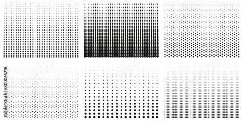 Collection Of Black And White Halftone Patterns With Gradients. Set Of Halftone Dot Backgrounds. Isolated Vector Illustration