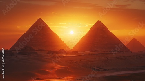 Sunset over the Pyramids of Giza  mystical atmosphere  ancient Egypt
