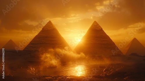 Sunset over the Pyramids of Giza  mystical atmosphere  ancient Egypt