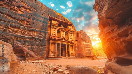 Petra's Treasury at sunrise, ancient rock-cut architecture, historical site