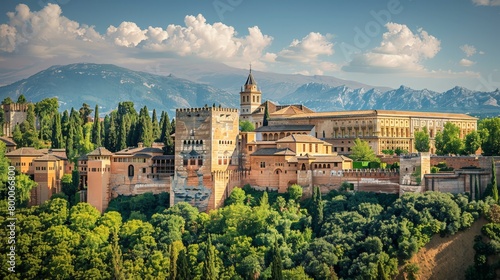 High-angle view of the Alhambra, Moorish architecture, historical site photo