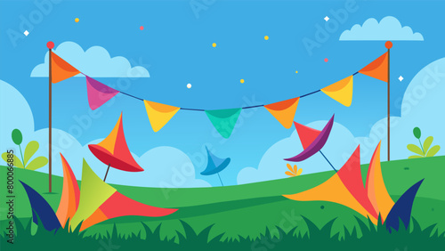 The colorful flags lining the field flutter in the breeze adding to the festive atmosphere.. Vector illustration