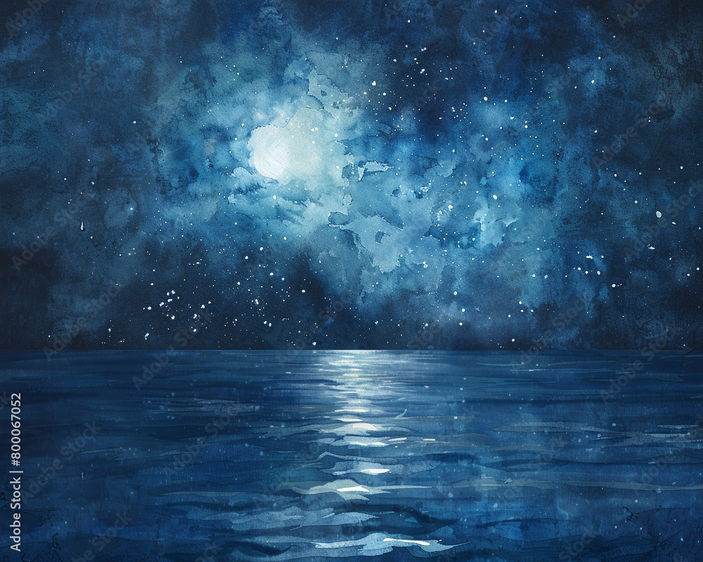 Night sky over a calm sea, watercolor painting effect, perspective from the shore, dark palette with starlight