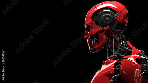 futuristic robot man or red humanoid cyborg with metallic skull head. Side back view isolated on black background with free copy space for text. © Iqra Iltaf