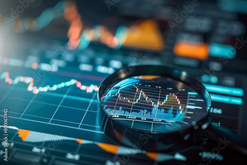 magnifying glass scan for great stock, analysis of financial concept