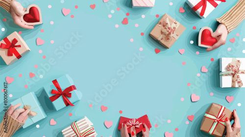Female hands with gift boxes on blue background. Vale photo