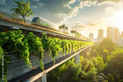 A bustling city where a modern train glides over an overpass lush with verdant plants and hanging gardens, showcasing an integration of efficient transportation and urban greening initiatives