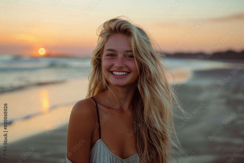 beautiful woman in happy mood on the beach sunset travel concept beautiful woman in happy mood on the beach sunset travel concept
