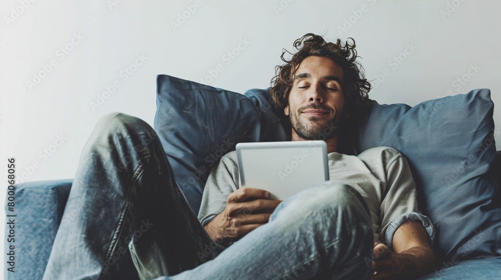 A real man sits comfortably on a dark blue sofa, holding an iPad with a content expression. Against a white solid background, he embodies relaxation and digital enjoymen A real man sits comfortably on a dark blue sofa, holding an iPad with a content expression. Against a white solid background, he embodies relaxation and digital enjoymen