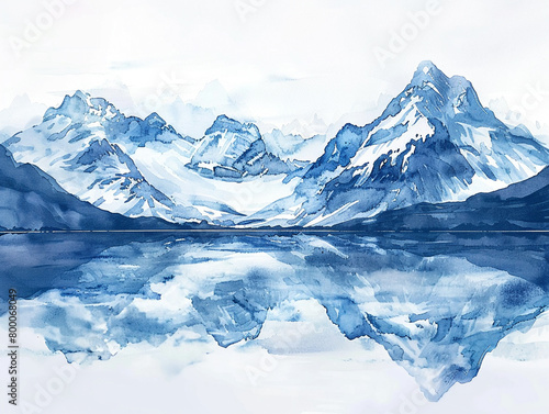 Snow-capped mountains reflecting in a lake, watercolor style, from eye-level, soft blues and whites