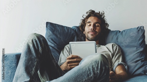 A real man sits comfortably on a dark blue sofa, holding an iPad with a content expression. Against a white solid background, he embodies relaxation and digital enjoymen photo