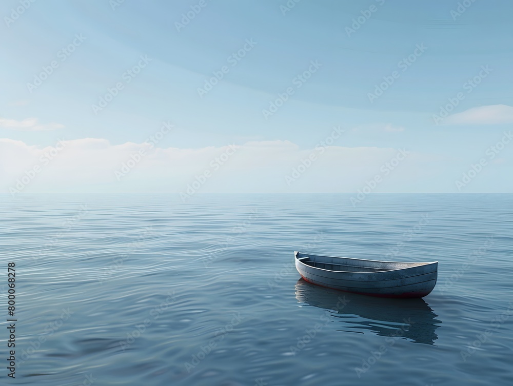 A wooden boat floating in the middle of the sea, from the concept of the depressed feelings of patients with depression.