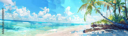Tropical beach at noon, watercolor filter, wide angle, bright, saturated colors