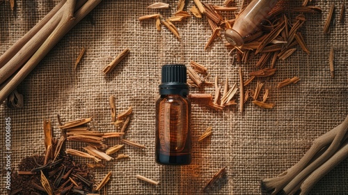 sandalwood essential oil on burlap background. selective focus photo