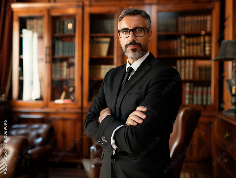 Professional Lawyer Standing in Front of Bookcase Professional Lawyer Standing in Front of Bookcase