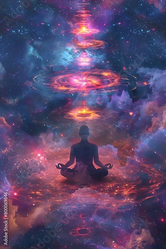 Design a CG 3D illustration illustrating the concept of balance and cosmic order through a meditating figure at the center of a celestial vortex Enhance the cosmic elements with in