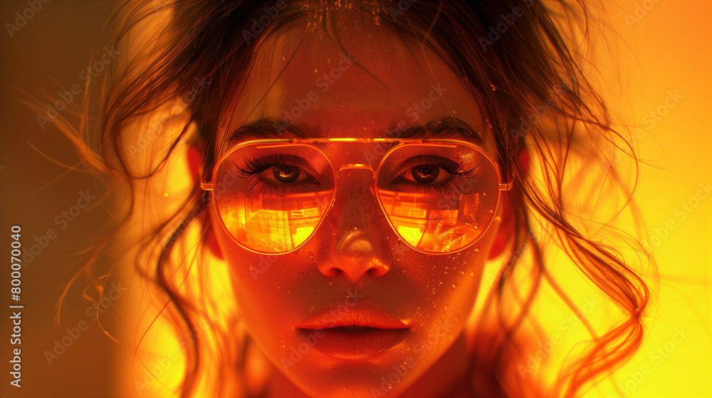 Close-up of a face with reflective orange sunglasses. Close-up of a face with reflective orange sunglasses.