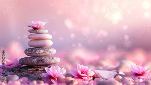 A pink background with a pink flower and a pink rock. Banner for the main page of a website or page on social networks on hypnotherapy. Freedom of thought and soul. An image of calm and relaxation.