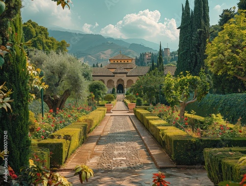 Close-up view of the Alhambra's Generalife gardens, historical site photo