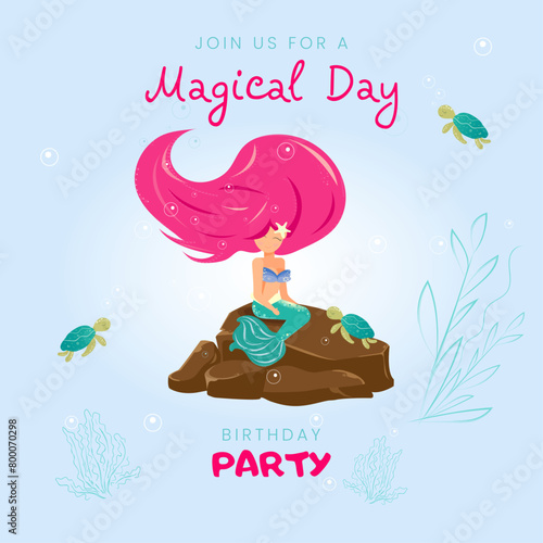 mermaid themed birthday invitation, birthday card with cake