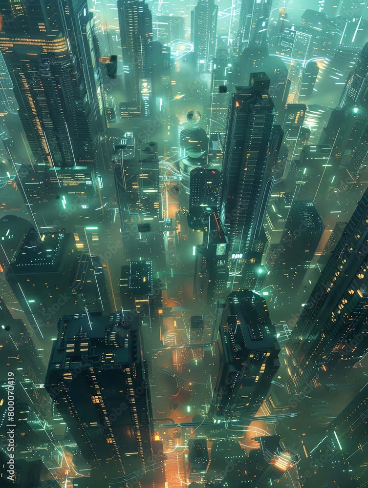 An aerial view of a cyberpunk city at night. The city is full of tall ...