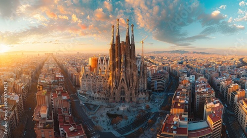 Panoramic view of the Sagrada Familia in Barcelona, iconic Spanish church