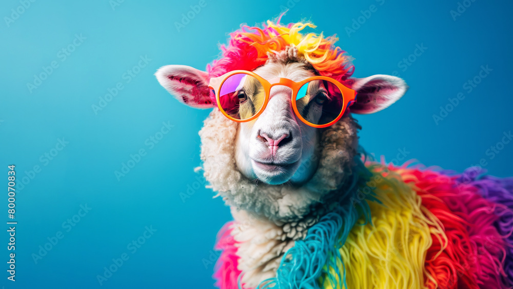 a sheep in colorful and sunglasses posing for the camera