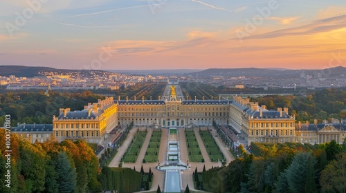 Panoramic view of the Palace of Versailles, French royal palace, historical site