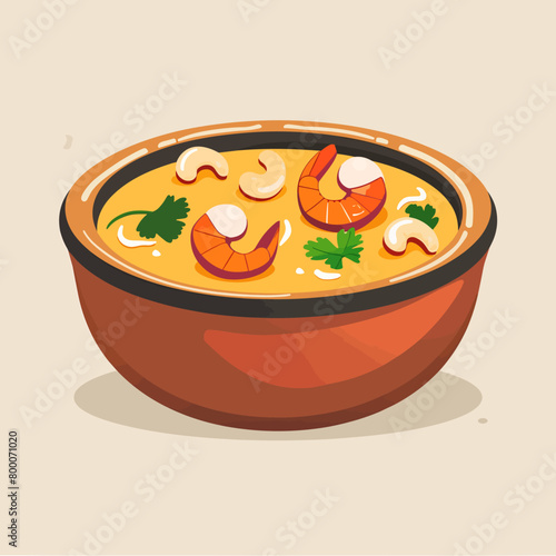 Creamy soup with prawns in bowl. Vector illustration.