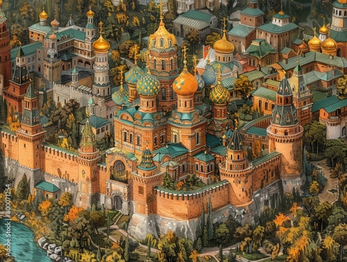 High-magnification view of the Kremlin's intricate structures, Russian fortress