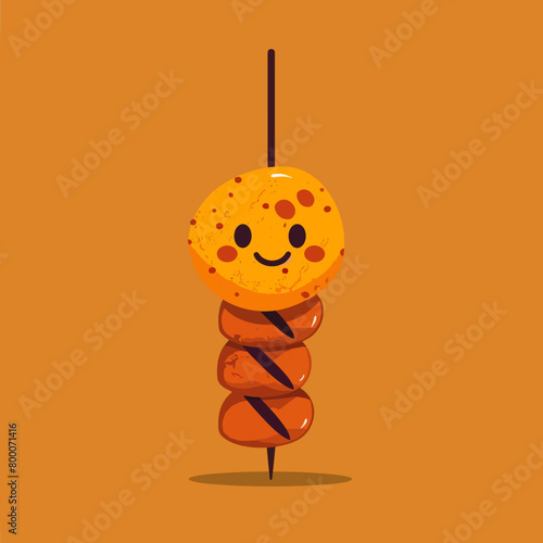 kawaii grilled sausage on a skewer on a orange background