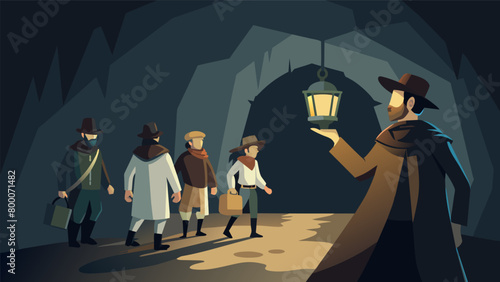 The guide dressed in period clothing holding a lantern and leading a group of tourists through a dark underground tunnel once used as a secret passage. Vector illustration