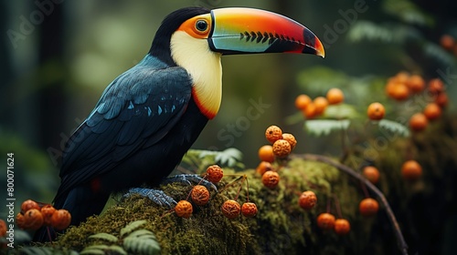 Colorful tucan bird standing branch rainforest photo
