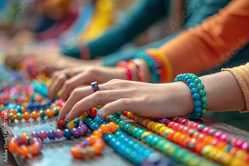 Volunteers are generating vivid wristbands to raise awareness of Down syndrome conveying optimism and cohesion in an urban atmosphere be aware and space, Generative AI.