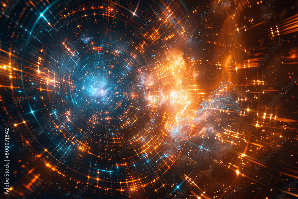 Dynamic swirl of orange and blue lights converging into a luminous futuristic tunnel Dynamic swirl of orange and blue lights converging into a luminous futuristic tunnel