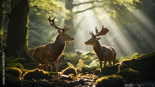 Male female red deer with antlers standing forest