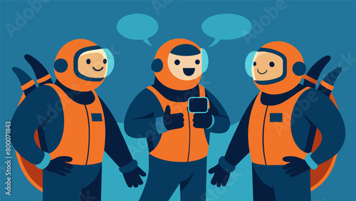 Wearing their thick bulky diving suits the team chats through their comms joking and teasing each other like old friends.. Vector illustration