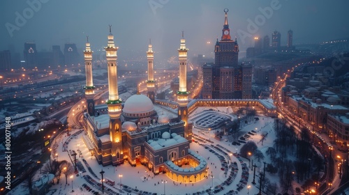 High-angle view of the Great Mosque of Mecca, religious center, historical site photo