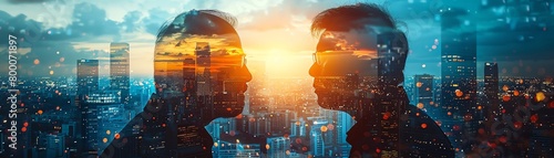 A photo of two people standing in front of each other with a cityscape in the background. photo
