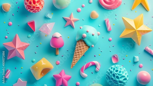 3d ice cream and candy on blue background