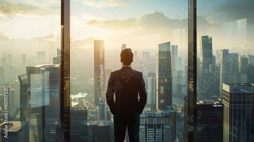 A man in a suit stands in front of a city skyline, looking out the window