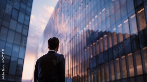 A man in a suit stands in front of a large glass building