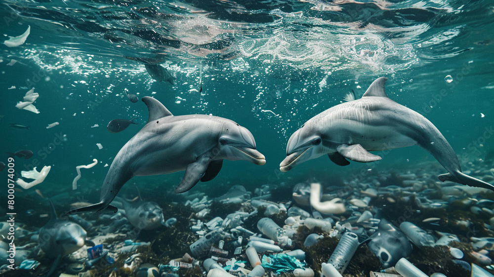 Obraz premium beautiful beach and blue sea polluted by waste plastic, dolphins and turtles in a polluted ocean conditions