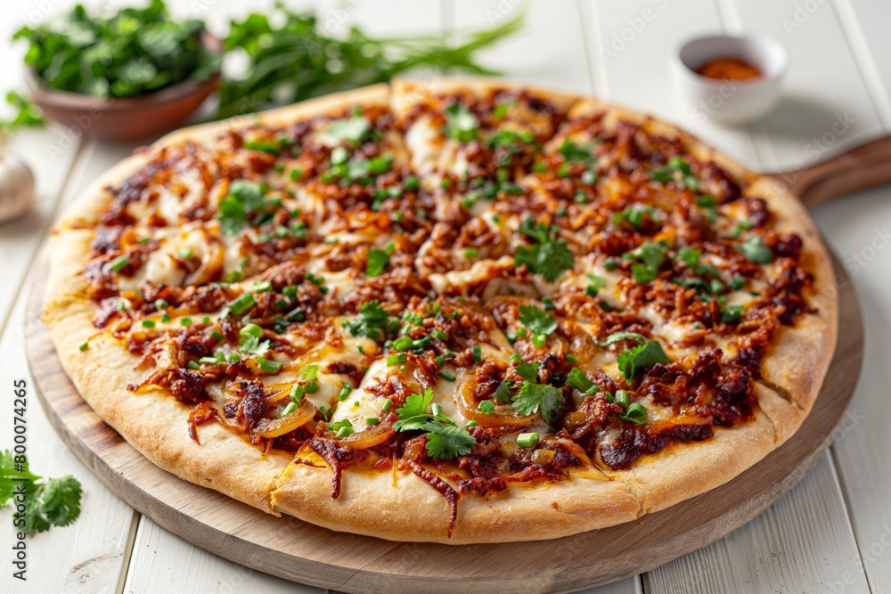 Freshly baked pizza topped with caramelized onions, mozzarella, and cilantro on a wooden board